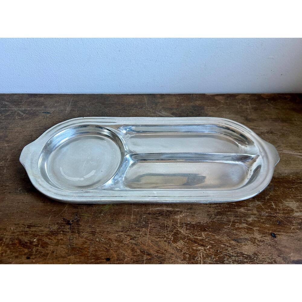 Vintage Elongated Divided Pewter Tray | Long Silver Tone Serving Platter